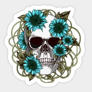floral skull, cool skull, turquoise sunflowers skull mask face Sticker